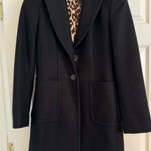 Banana Republic long black wool coat. Leopard lining. Small.